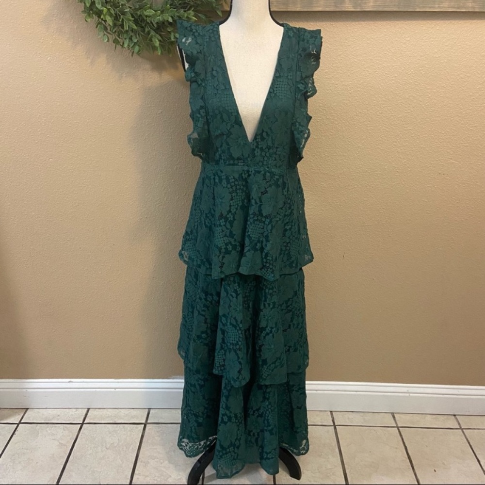 NWOT Lulus Molinetto Forest Green Lace Ruffled Tiered Sleeveless Maxi Dr… - Picture 3 of 10